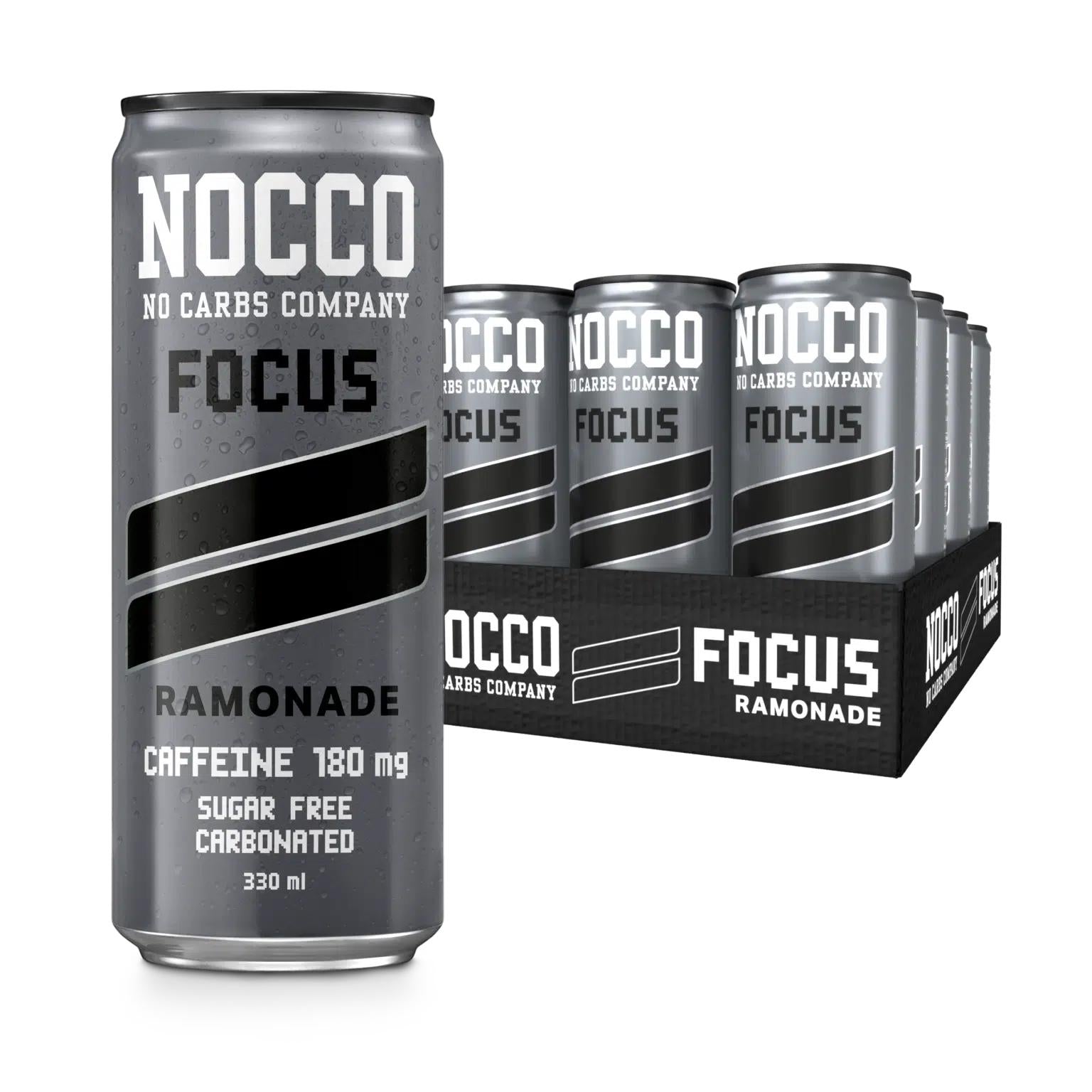 Silver NOCCO Focus Ramonade 330ml can with black accents, alongside a 12-pack tray of the same drink.