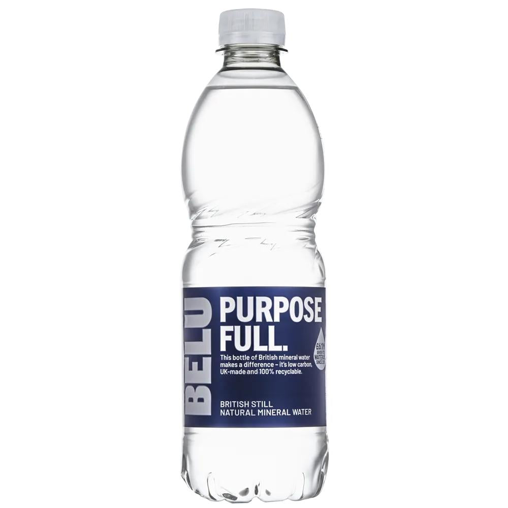 Clear 500ml PET bottle of Belu Still Natural Mineral Water with a white cap and blue label.
