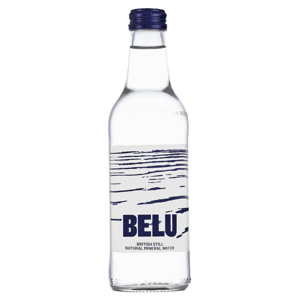 Belu Still Water 330ml clear glass bottle with a blue screw cap and white label with blue text.