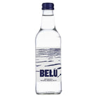 Belu Still Water 330ml clear glass bottle with a blue screw cap and white label with blue text.