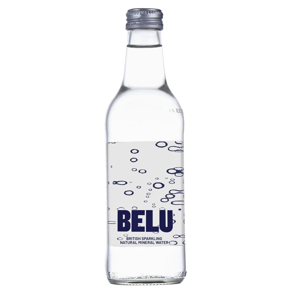 Clear glass bottle of Belu British Sparkling Natural Mineral Water with blue label and silver cap.
