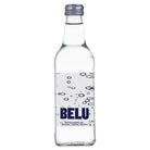Clear glass bottle of Belu British Sparkling Natural Mineral Water with blue label and silver cap.