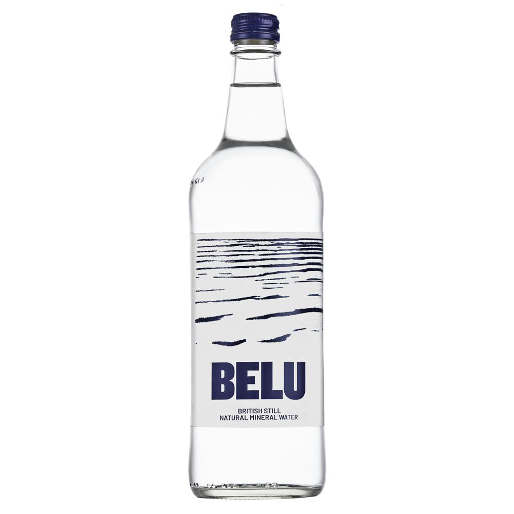 Belu Still Water 750ml clear glass bottle with a dark blue cap and white label featuring blue wave design.