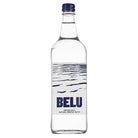 Belu Still Water 750ml clear glass bottle with a dark blue cap and white label featuring blue wave design.