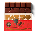Fatso Morn'n Glory dark chocolate bar with a rooster on red and cream packaging.
