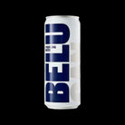 White Belu Sparkling Water 330ml aluminum can with bold vertical blue "BELU" logo.