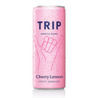 Pink Trip Cherry Lemon sparkling drink can with water droplets and a hand gesture design.