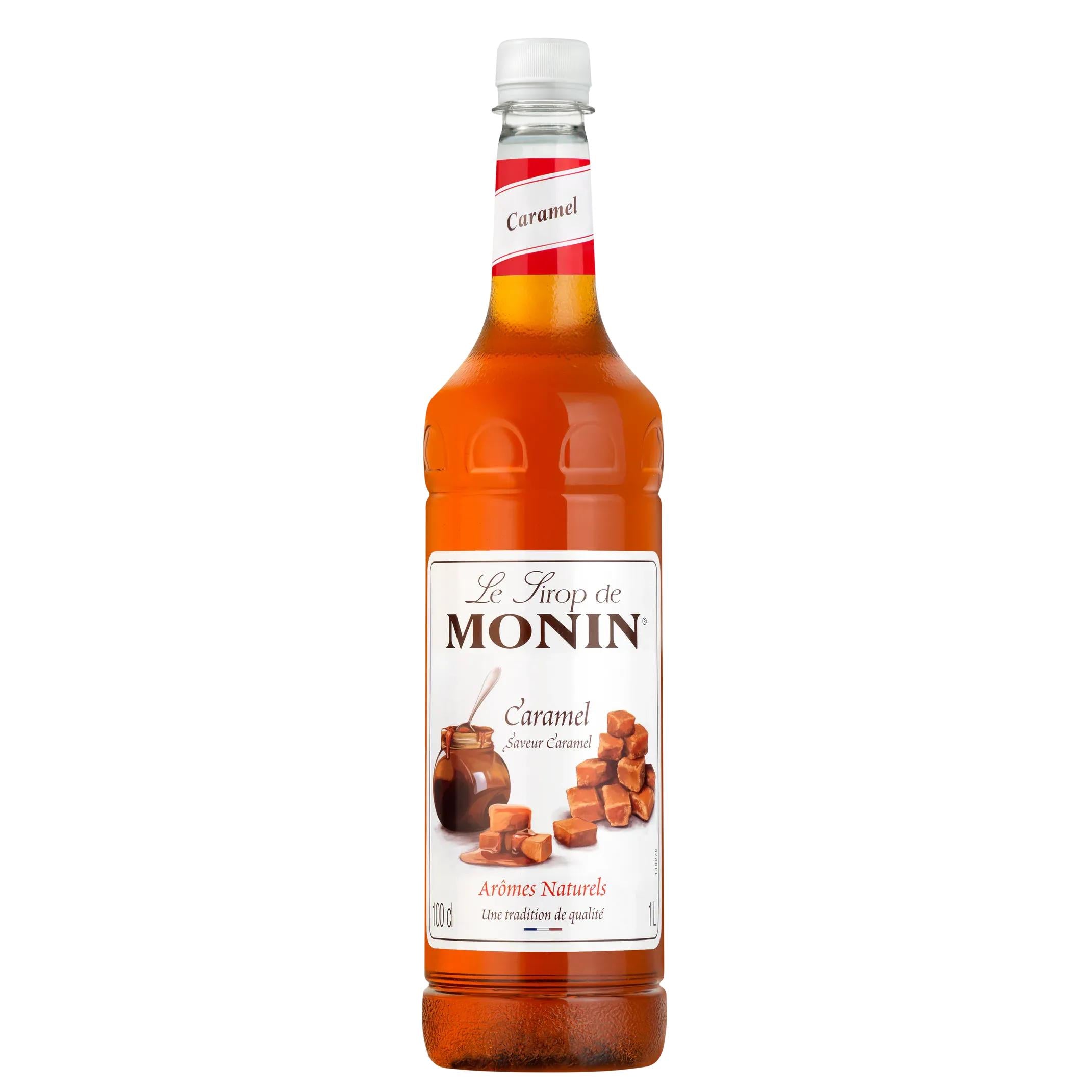 Monin Caramel Syrup 1L bottle with white cap and label featuring caramel candies.