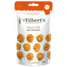 White pouch of Mr Filbert's Sweet Chilli Rice Crackers, showing golden, crunchy snacks and "NEW RECIPE" label.