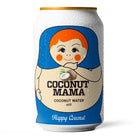 Chilled white can of Coconut Mama coconut water with a blue and orange doll design.