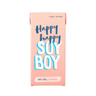 Happy Happy Soy Boy 1L carton, light pink with blue script text, "ONE LITRE OF HAPPINESS" at bottom.