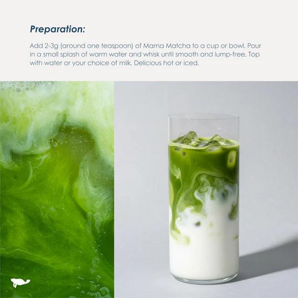 Vibrant green matcha swirled into white milk in a tall clear glass with ice, next to a close-up of the swirling green liquid.