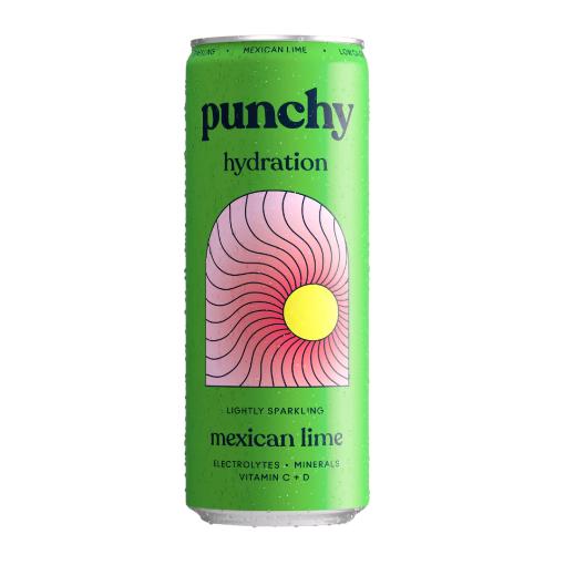 Punchy Mexican Lime 330ml can, bright green with pink and yellow sun-like graphic, lightly sparkling.