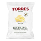 White bag of Torres Avocado and Sea Salt Crisps, 125g, with golden chips and avocado graphic.