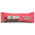 Barebells Vegan Fudge Brownie protein bar in a pink wrapper with white and brown text.
