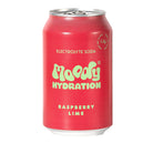 Red Moody Raspberry Lime Electrolyte Soda can with green branding, 330ml.