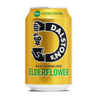 Dalston's Fizzy Elderflower 330ml can, metallic gold with black and green logo, "No Added Sugar.