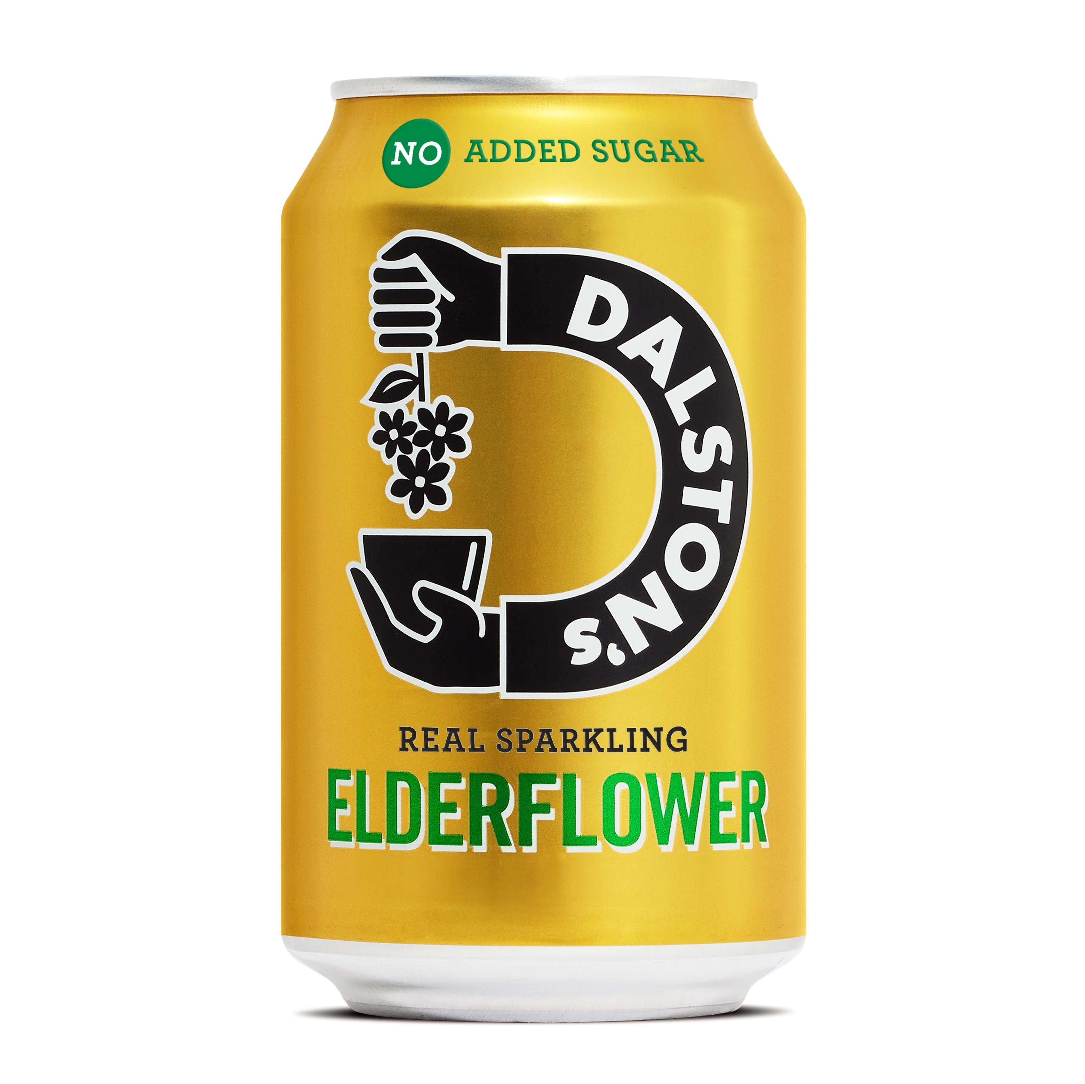 Dalston's Fizzy Elderflower 330ml can, metallic gold with black and green logo, "No Added Sugar.