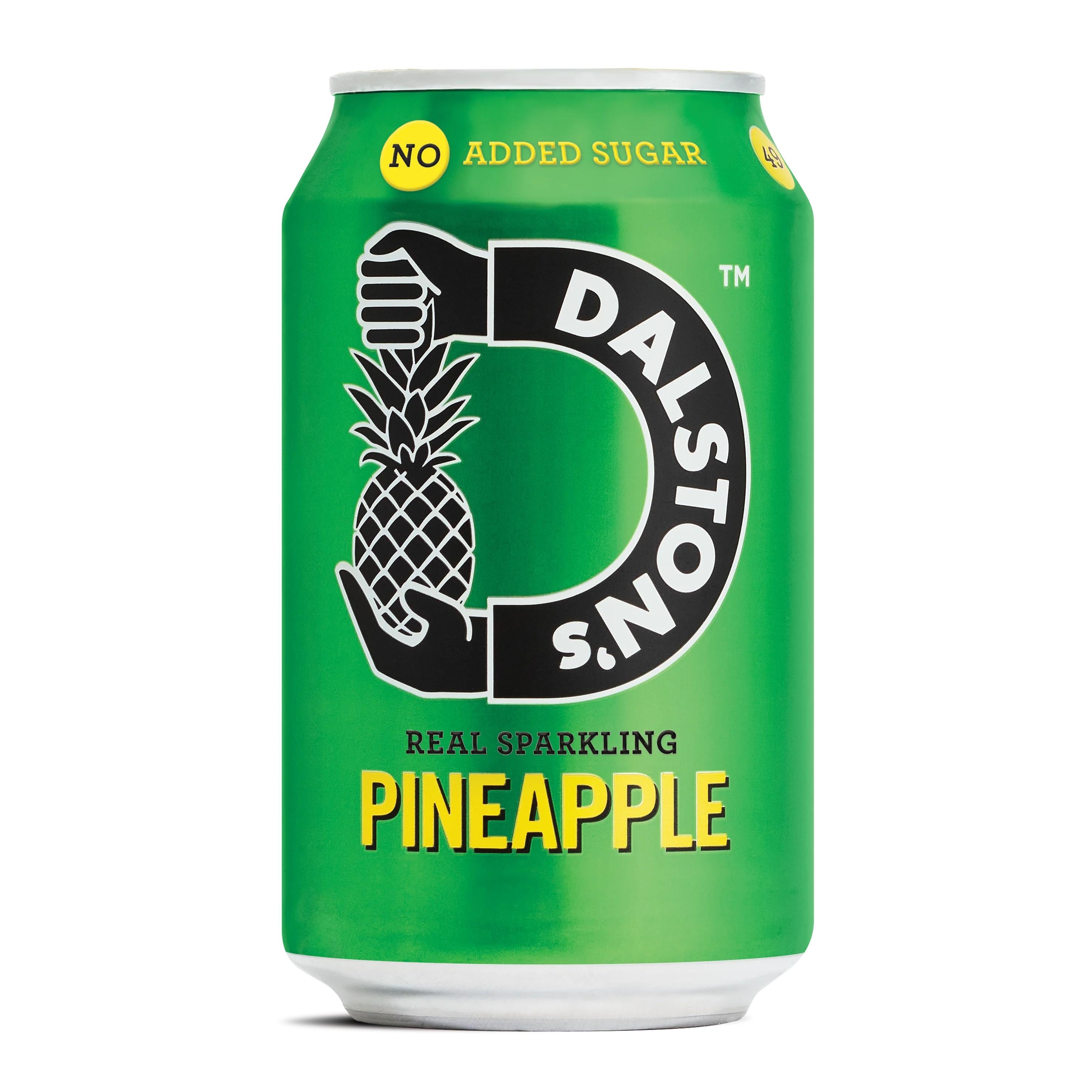 Green Dalston's Pineapple sparkling water can with a black and white pineapple logo, "NO ADDED SUGAR" text.