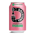 Pink Dalston's Fizzy Rhubarb 330ml can with "NO ADDED SUGAR" and "REAL SPARKLING RHUBARB" text.