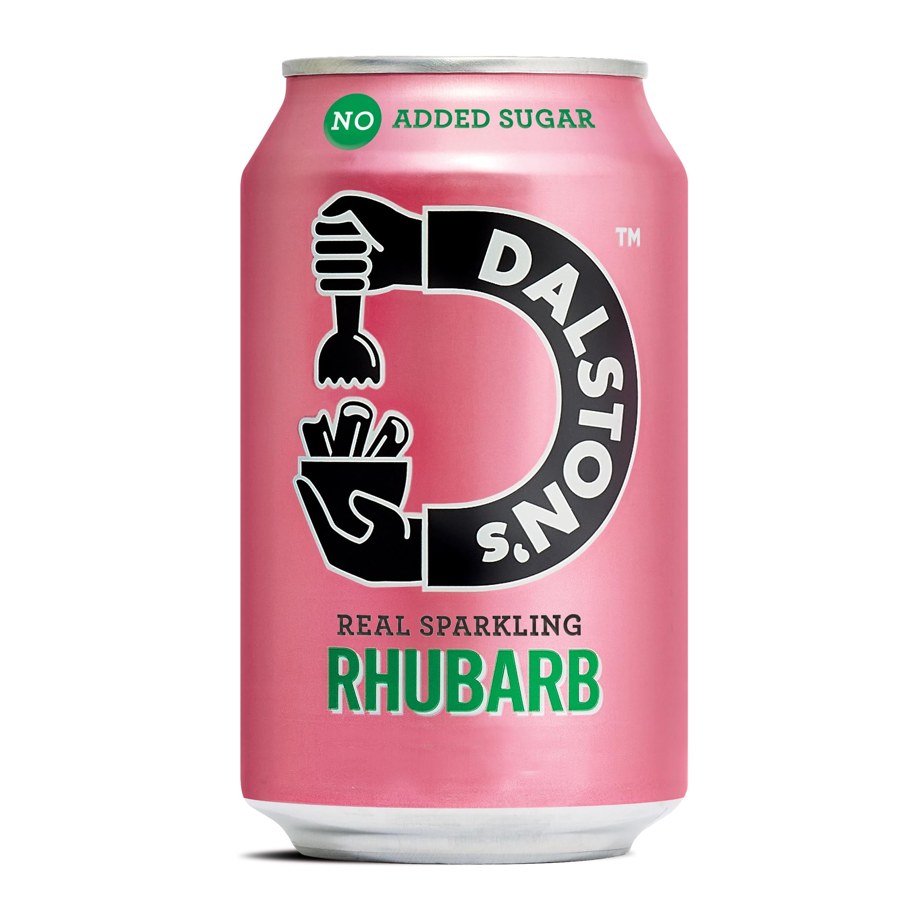 Pink Dalston's Fizzy Rhubarb 330ml can with "NO ADDED SUGAR" and "REAL SPARKLING RHUBARB" text.