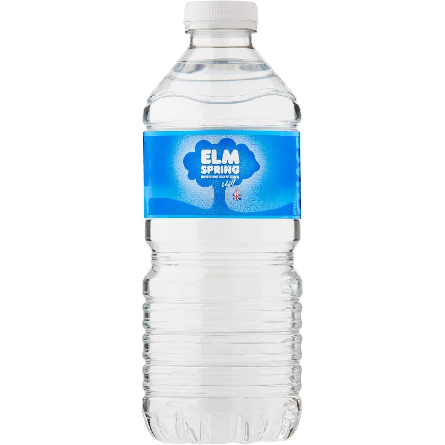 Elm Spring Still Water 500ml PET bottle with blue label and white cap.