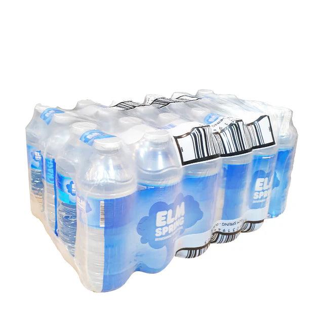 Elm Spring Still Water, 24 x 500ml PET bottles in clear plastic shrink wrap with blue labels.