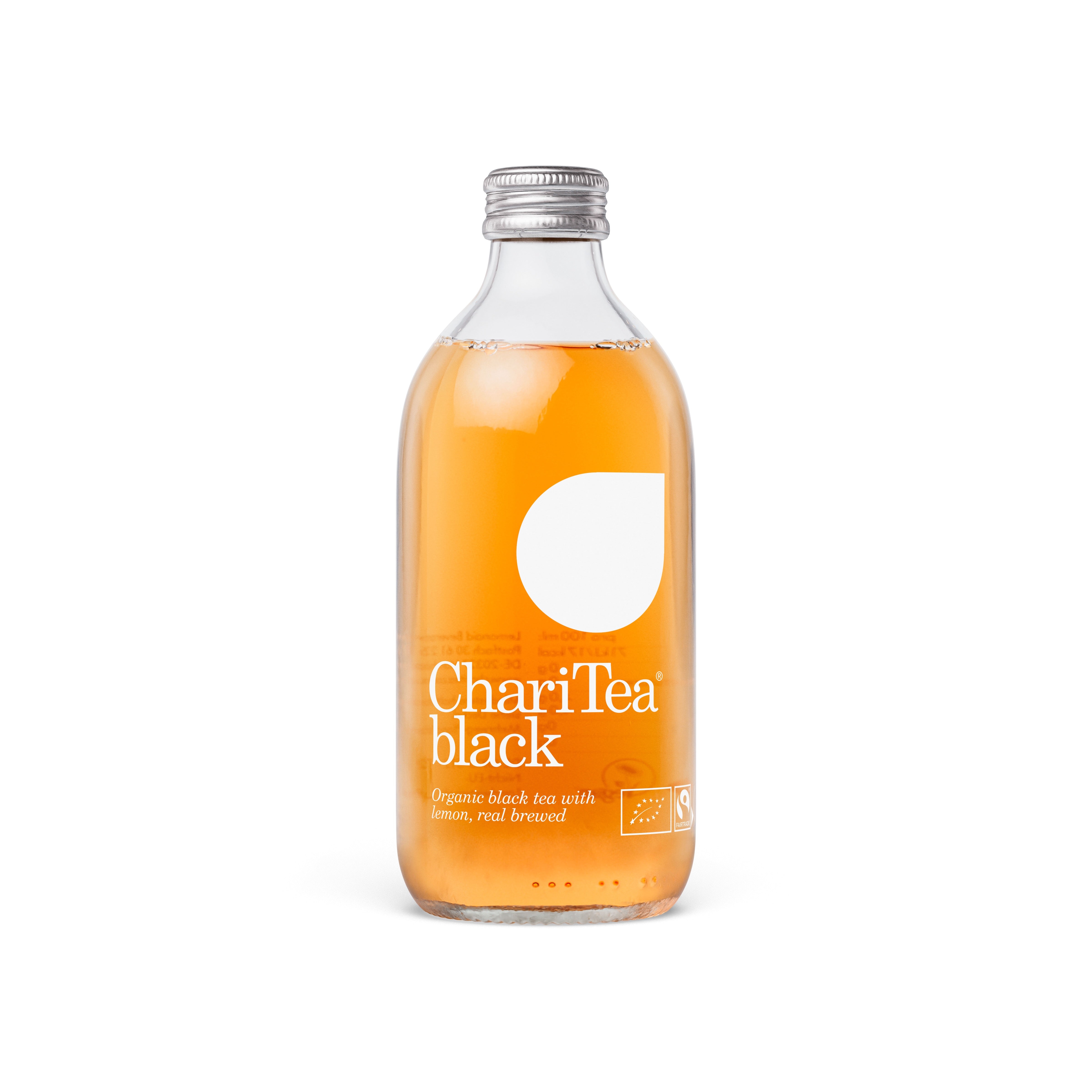 ChariTea Black organic iced tea in a clear glass bottle with silver cap and white label.