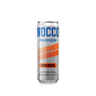 Silver NOCCO Blood Orange 355ml can with blue logo, orange stripe, and condensation.