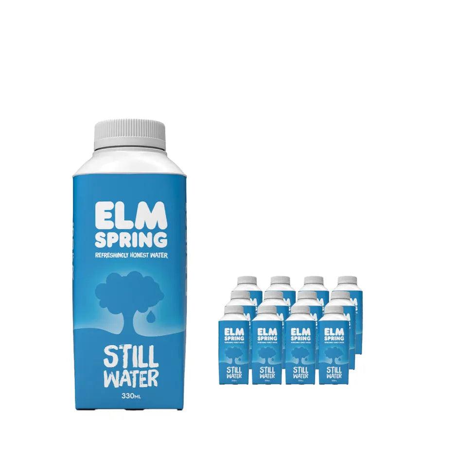 Elm Spring Still Water 330ml Tetra Pack with white cap, alongside a 12-pack of smaller blue cartons.