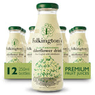 Case of 12 Folkington's Old-Fashioned Elderflower Drink 250ml glass bottles with green caps and floral labels.
