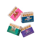 Four colorful Fatso Mixed Minis dark chocolate bars: Sweet Tart (pink), Home Run (blue), King's Ransom (green), and Nan's Stash (purple).