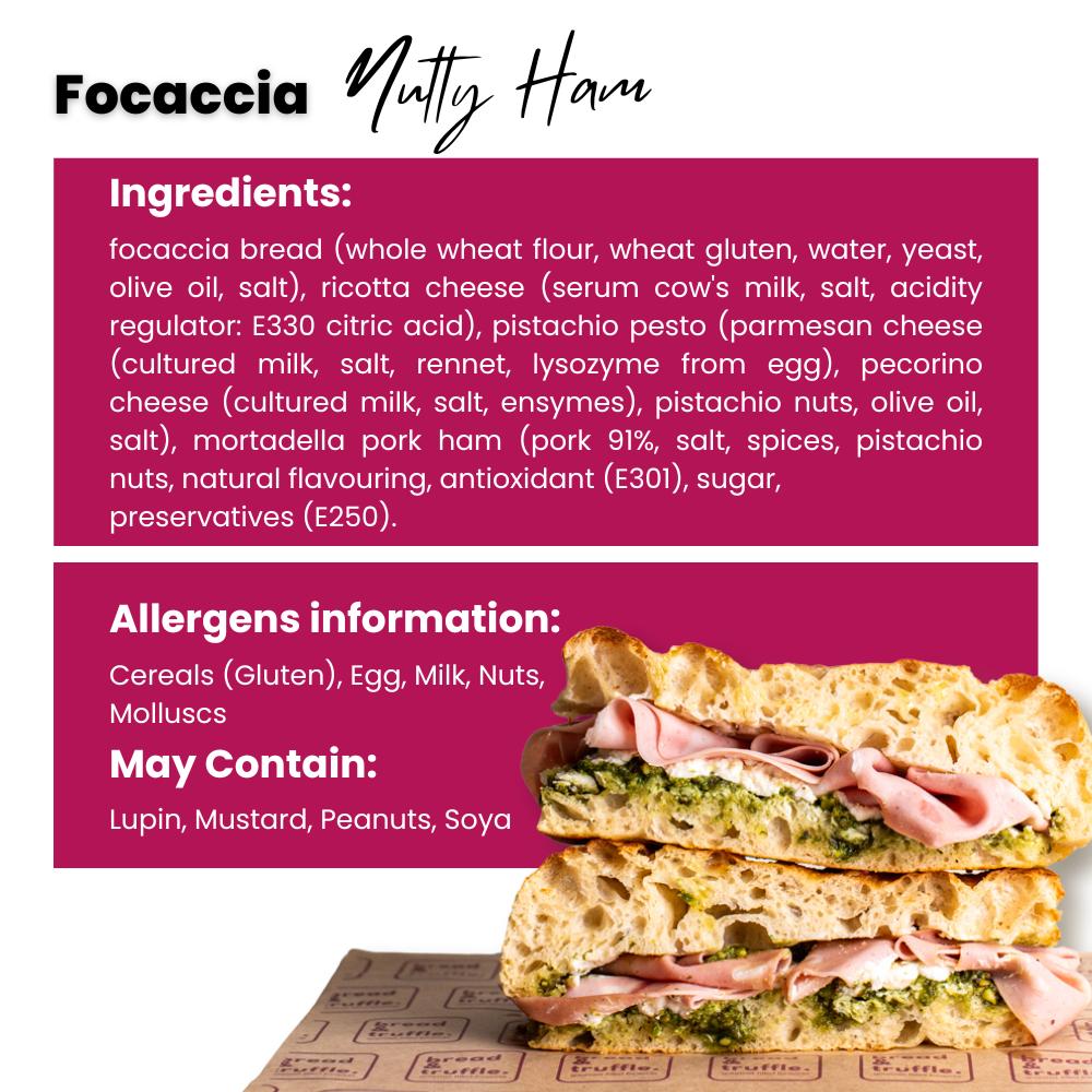 Focaccia Nutty Ham sandwich with mortadella, pistachio pesto, and ricotta cheese.