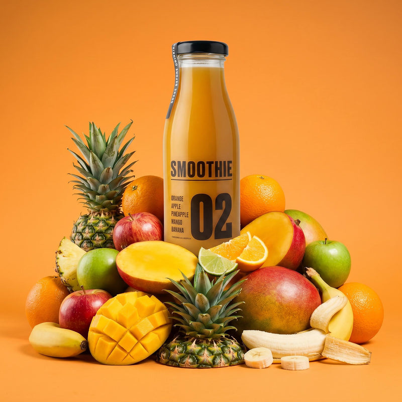 Orange smoothie bottle with "SMOOTHIE 02" label, surrounded by fresh oranges, mangoes, bananas, apples, pineapples, and lime.