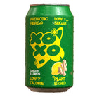 Dewy green XOXO Lemon + Ginger prebiotic soda can with yellow logo, lemon, and ginger.