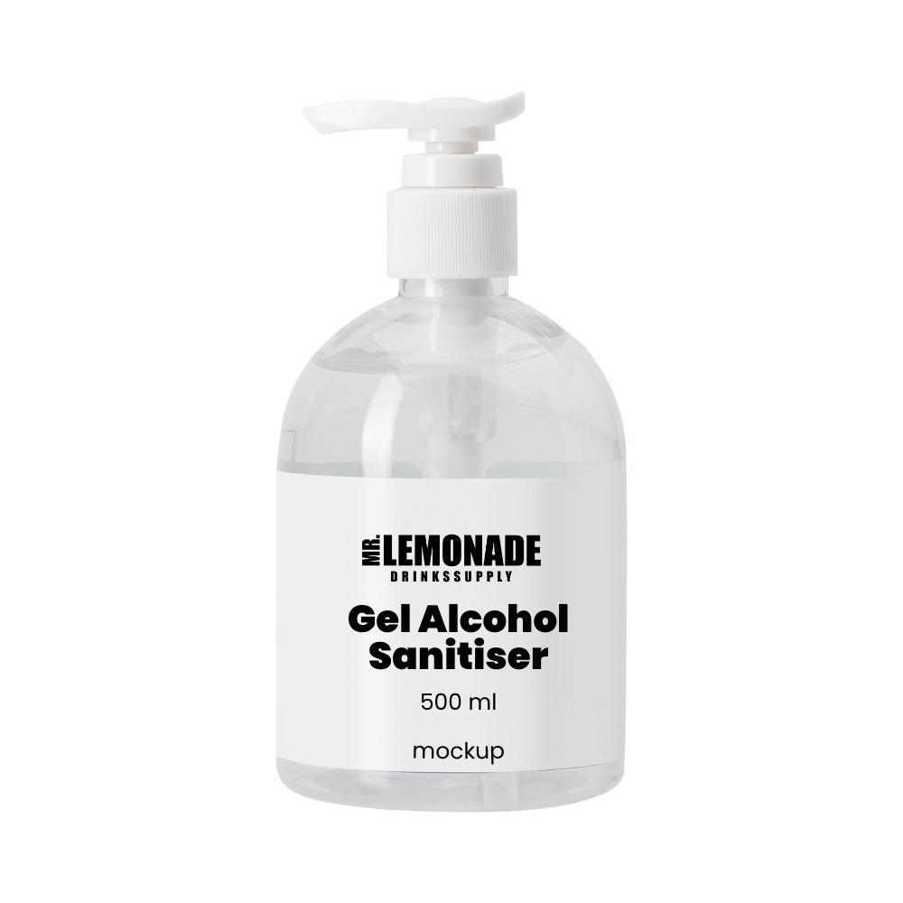 Clear 500ml gel alcohol sanitiser bottle with a white pump dispenser and label.