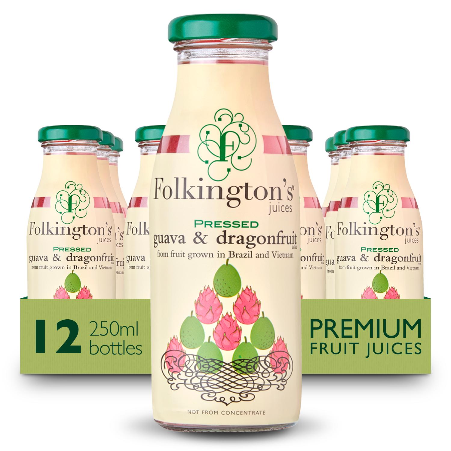 Six Folkington's Guava & Dragonfruit Juice 250ml bottles with green caps and tropical fruit labels.