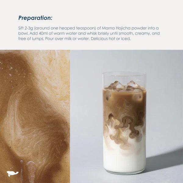 Tall glass of iced hojicha latte with swirling brown and white layers, next to a close-up of whisked hojicha.