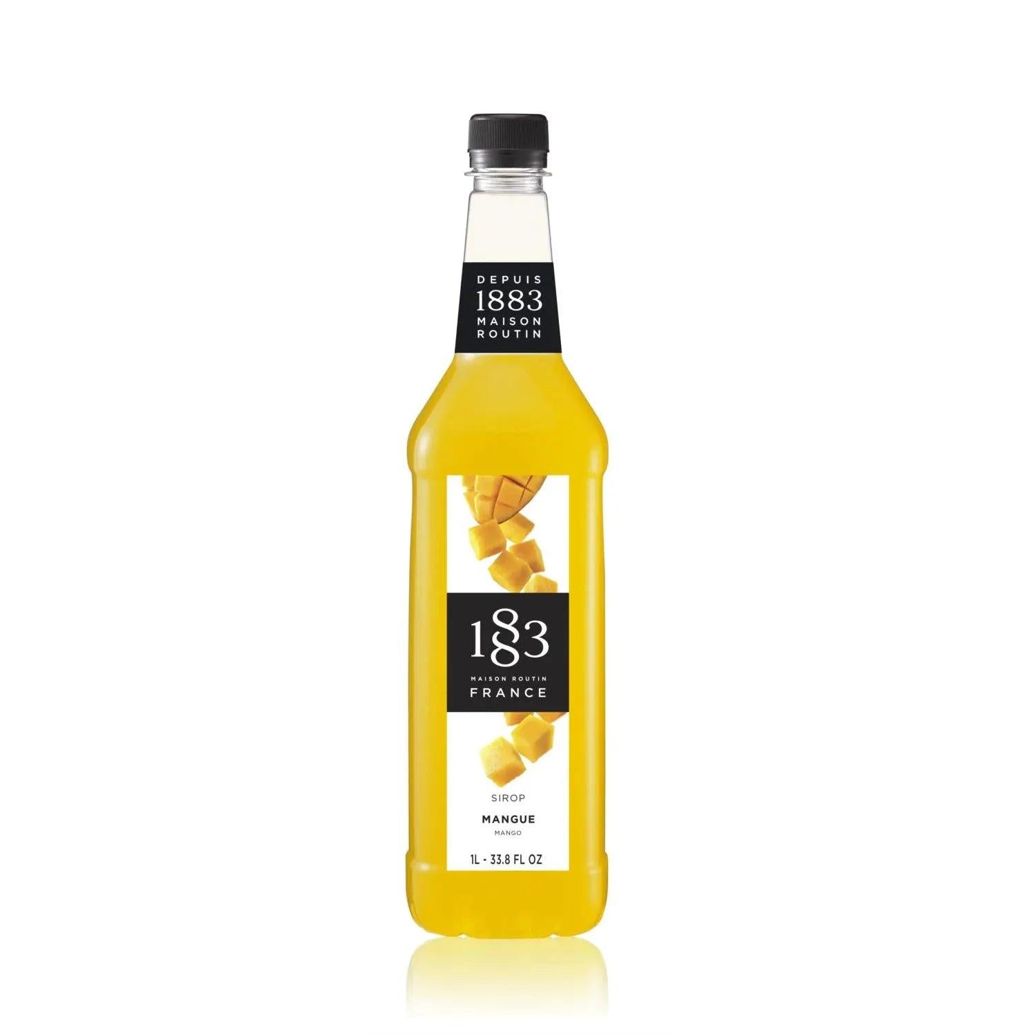 1883 Maison Routin Mango Syrup 1L bottle with yellow liquid and mango cubes on the label.