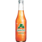 Sweaty Jarritos Mandarin 370ml glass bottle with orange soda and green logo.