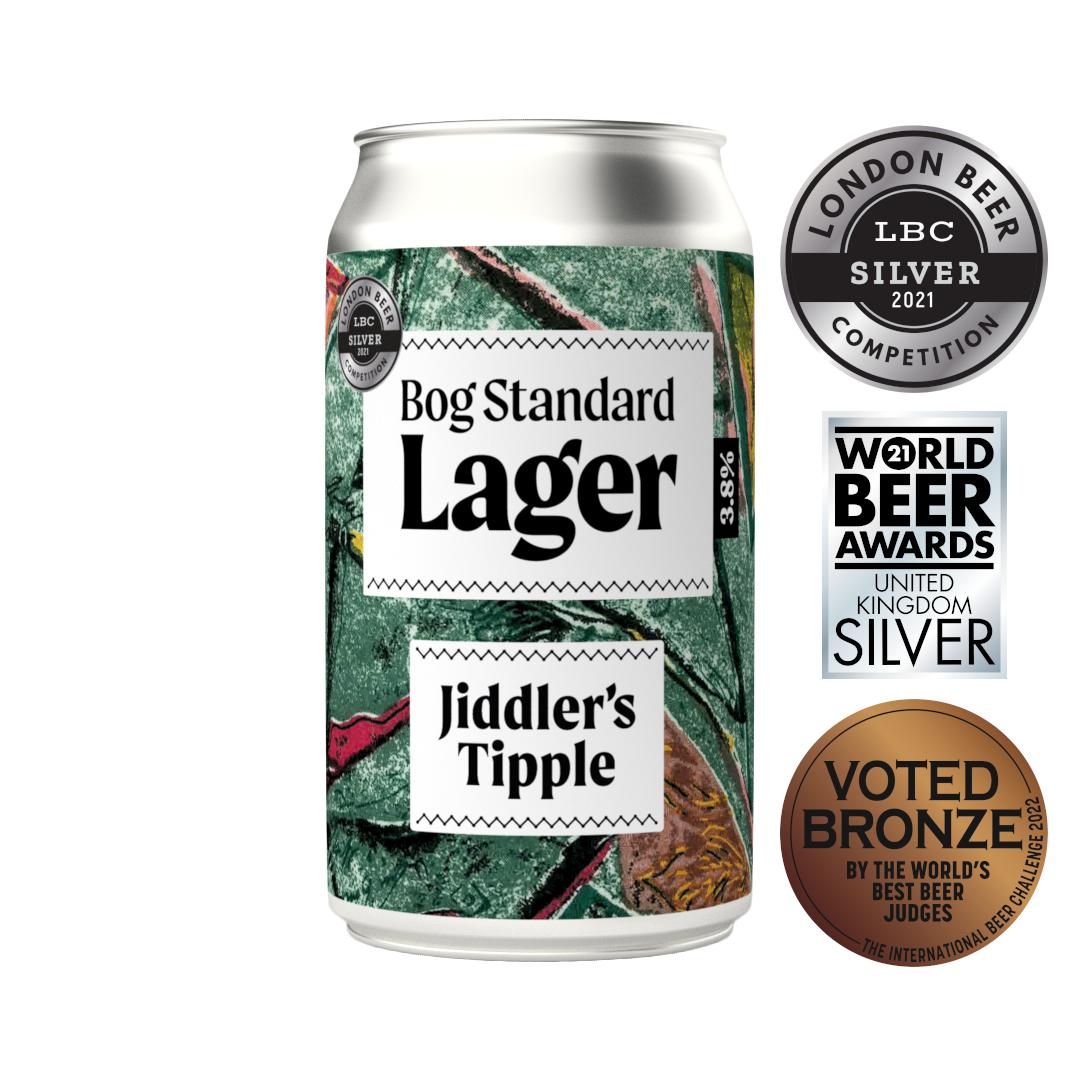 Jiddler's Tipple Bog Standard Lager 3.8% can with green, red, and white label, plus award badges.