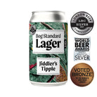 Jiddler's Tipple Bog Standard Lager 3.8% can with green, red, and white label, plus award badges.