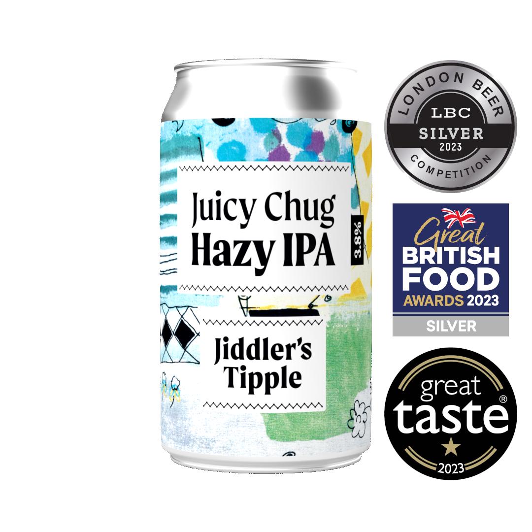 Jiddler's Tipple Juicy Chug Hazy IPA 3.8% can with colorful abstract art, award badges beside it.