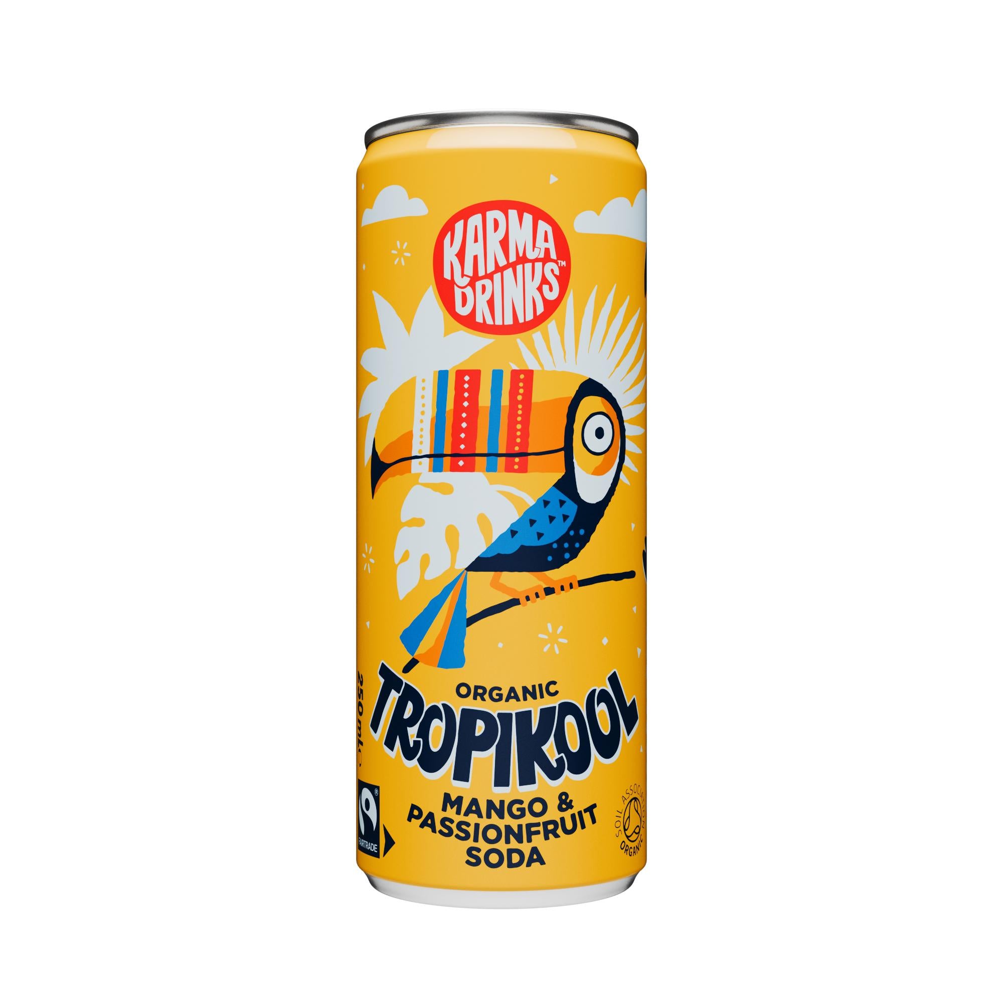 Yellow Karma Drinks Tropikool Organic Mango & Passionfruit Soda can with a colorful toucan design.