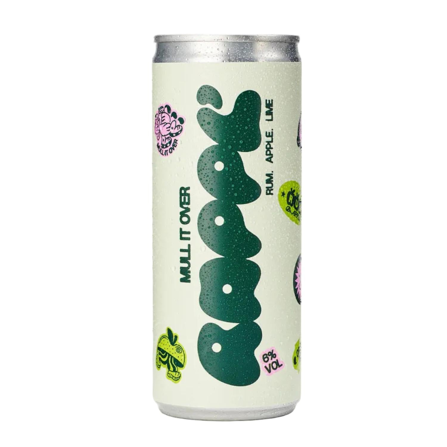 MULL IT OVER RAPPL' rum, apple, lime drink in a white can with green bubbly text and colorful fruit icons.