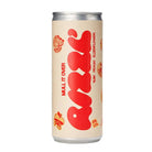 White 250ml RIZZL' rum cocktail can with red "RIZZL'" text, peach, and elderflower graphics.