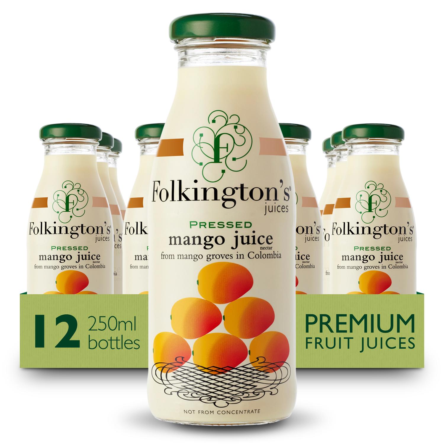 Folkington's Mango Nectar Juice 12x250ml glass bottles with green caps and mango illustrations.
