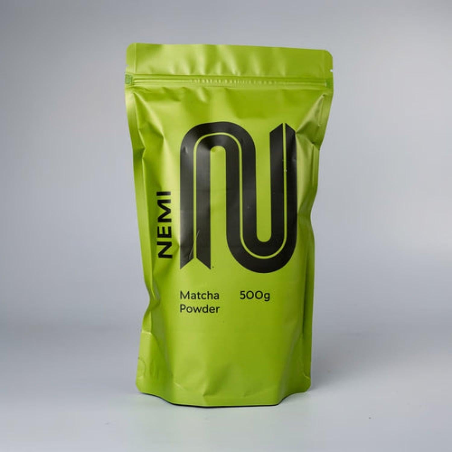 Nemi Matcha Powder 500g in a vibrant lime green stand-up pouch with a black Nemi logo.