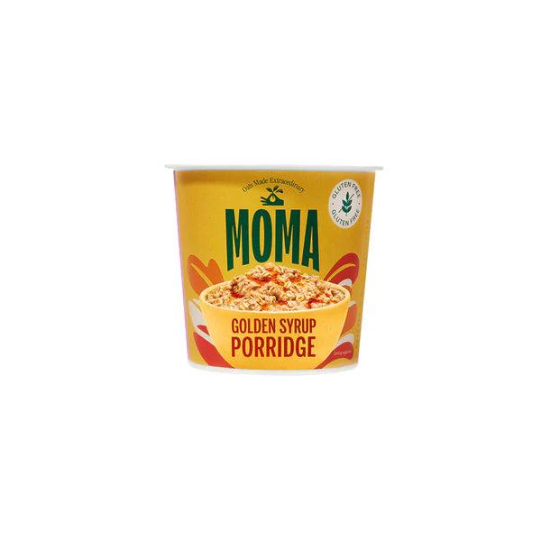 Moma Golden Syrup Porridge pot, yellow with a bowl of oats, "Gluten Free" seal, and red accents.
