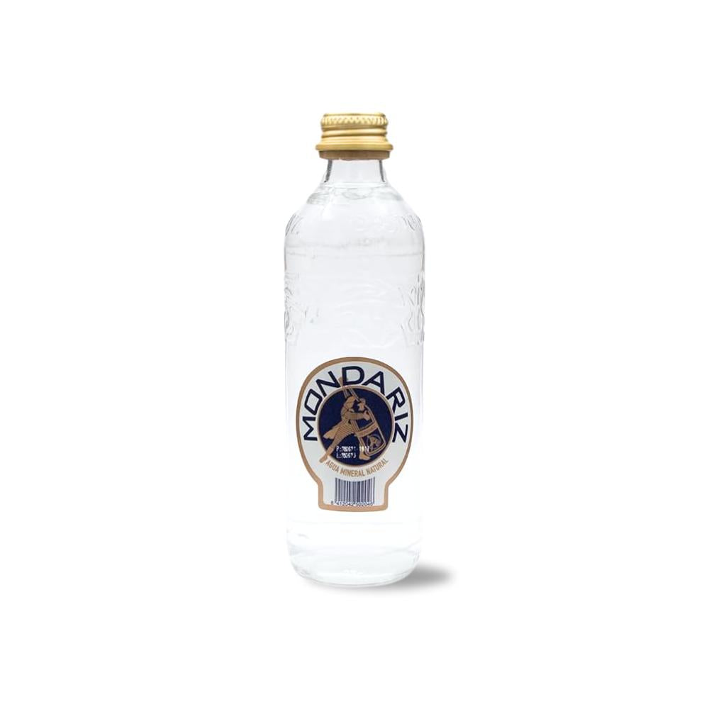 Clear glass bottle of Mondariz Still Water with a gold cap and blue-gold label.